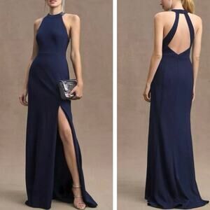 BHLDN Lennox High Neck Side Slit Stretch Crepe Maxi Dress Navy Blue Size 2